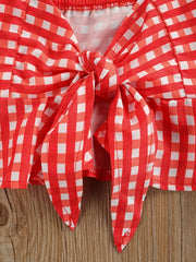 2pcs Baby Girls Plaid Bowknot Camisole Top & Denim Shorts Set