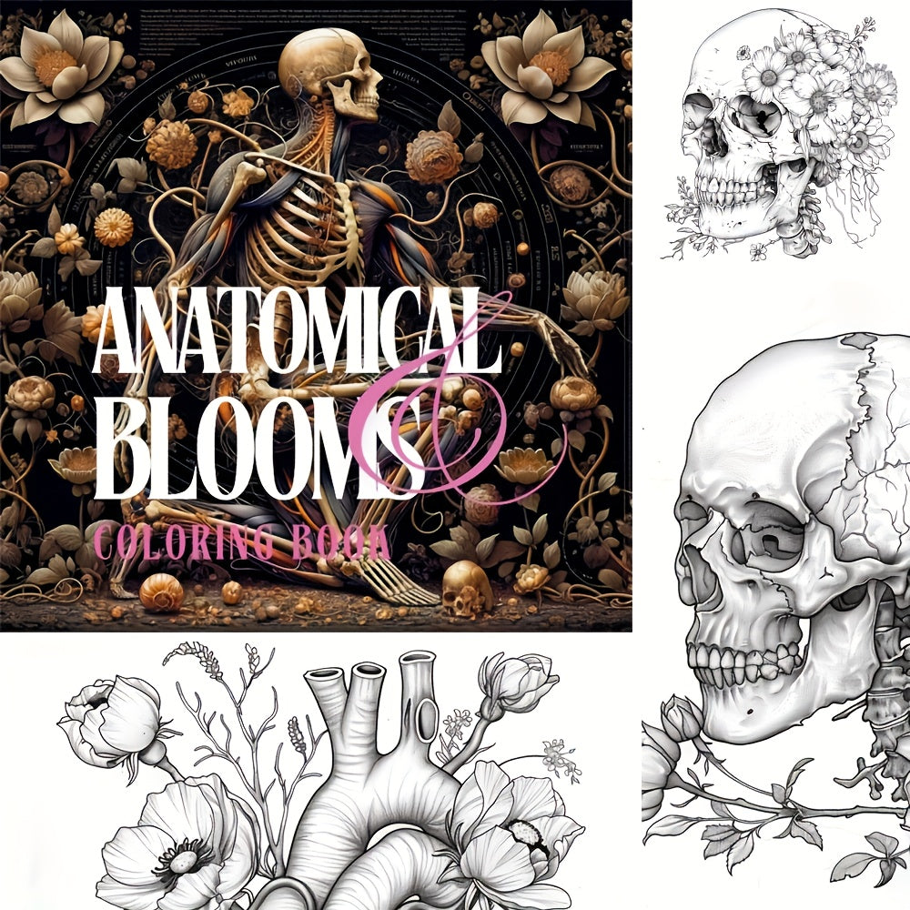 Deluxe Anatomy Floral Coloring Book 24 Pages 20x20 Intricate Flower and Skeleton