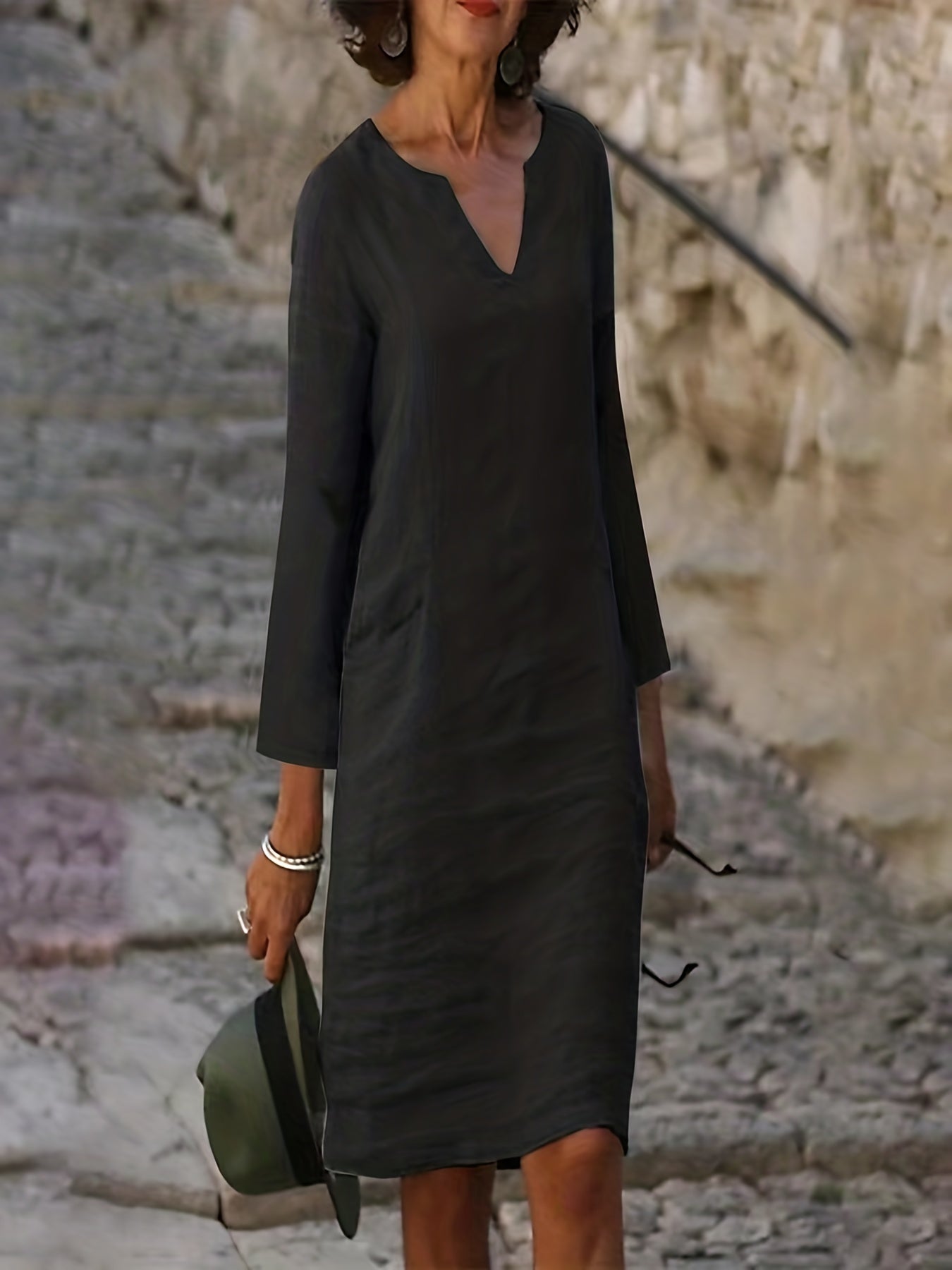 Notched Neck Long Sleeve Dress