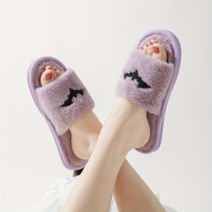 Purple Halloween Bat Embroidery Slippers Plush Lined Shoes