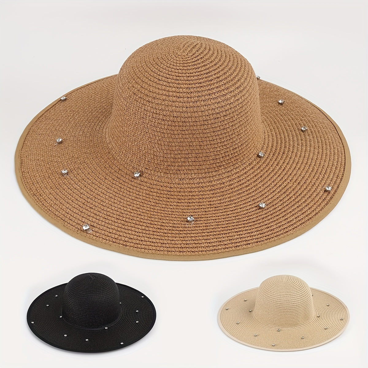 Rhinestone Decor Wide Brim Straw Bucket Hat