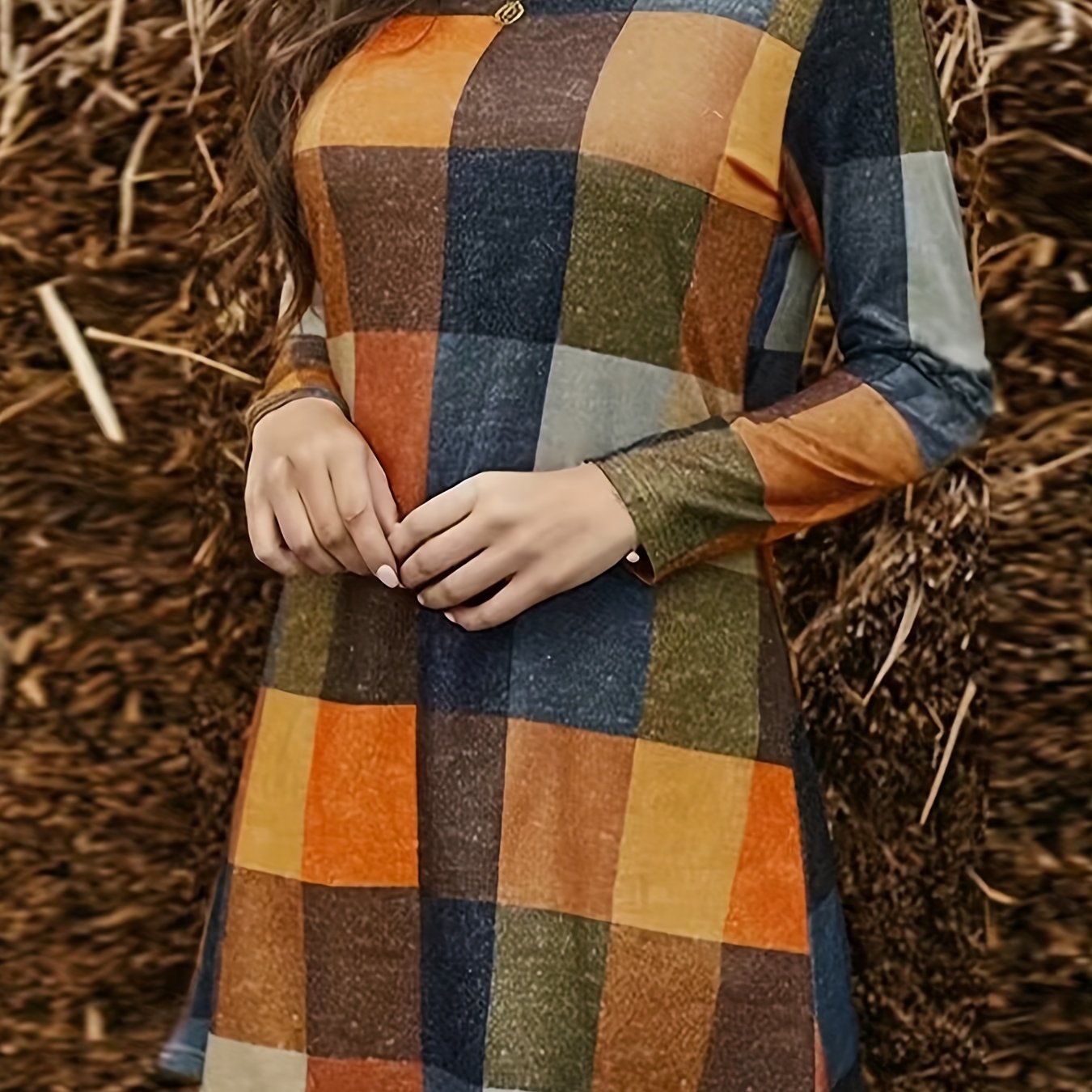 Women's Plus Plaid Print Long Sleeve Round Neck Mini Dress