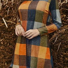 Women's Plus Plaid Print Long Sleeve Round Neck Mini Dress