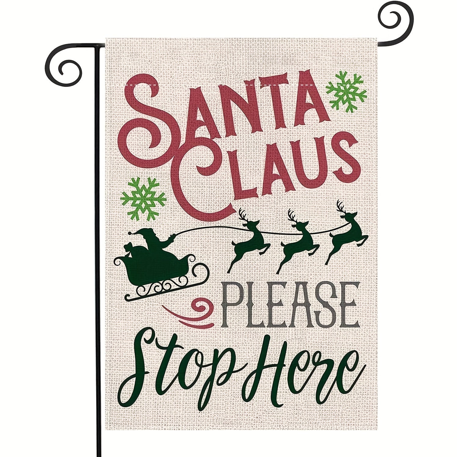 Christmas Garden Flag Santa Claus Sleigh Reindeer Burlap Vertical Stop Here