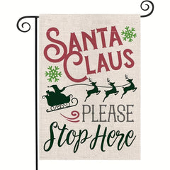 Christmas Garden Flag Santa Claus Sleigh Reindeer Burlap Vertical Stop Here