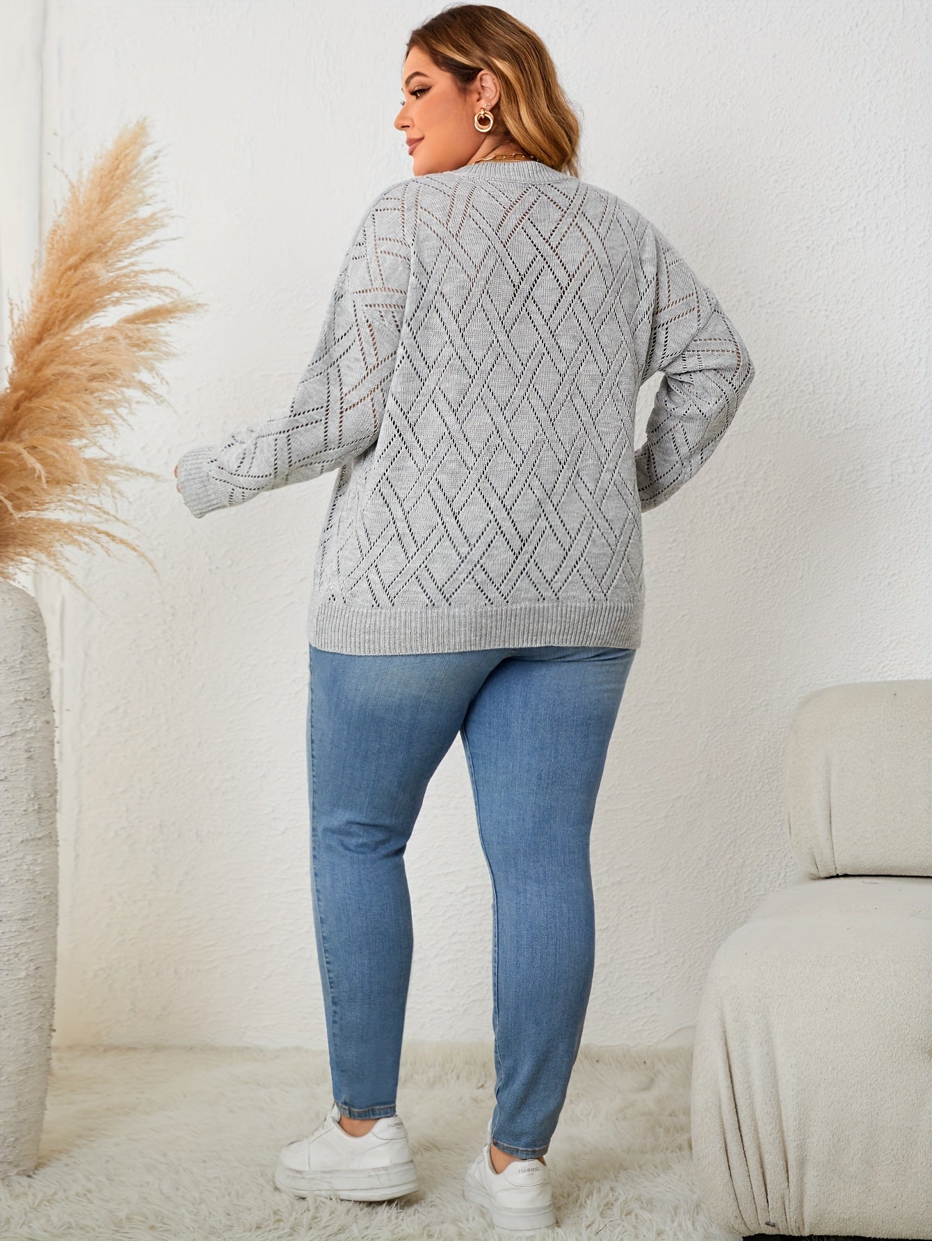 V Neck Solid Knit Long Sleeve Sweater