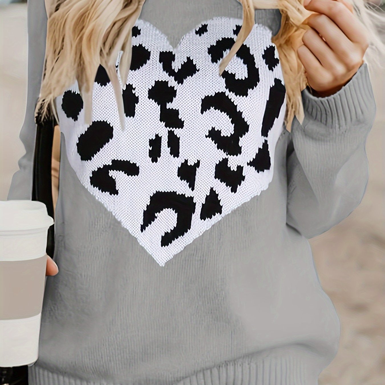Casual Sweater Women's Plus Leopard Heart Pattern Pullover Jumper