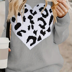 Casual Sweater Women's Plus Leopard Heart Pattern Pullover Jumper