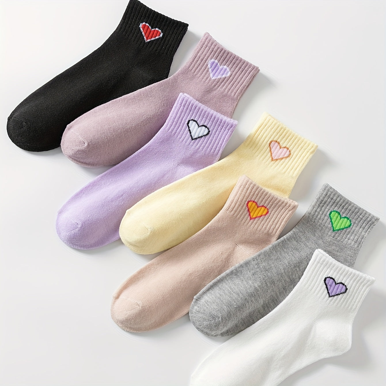 7 Pairs Heart Print Socks Comfy & Breathable Short Socks Women's Stockings