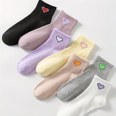 7 Pairs Heart Print Socks Comfy & Breathable Short Socks Women's Stockings
