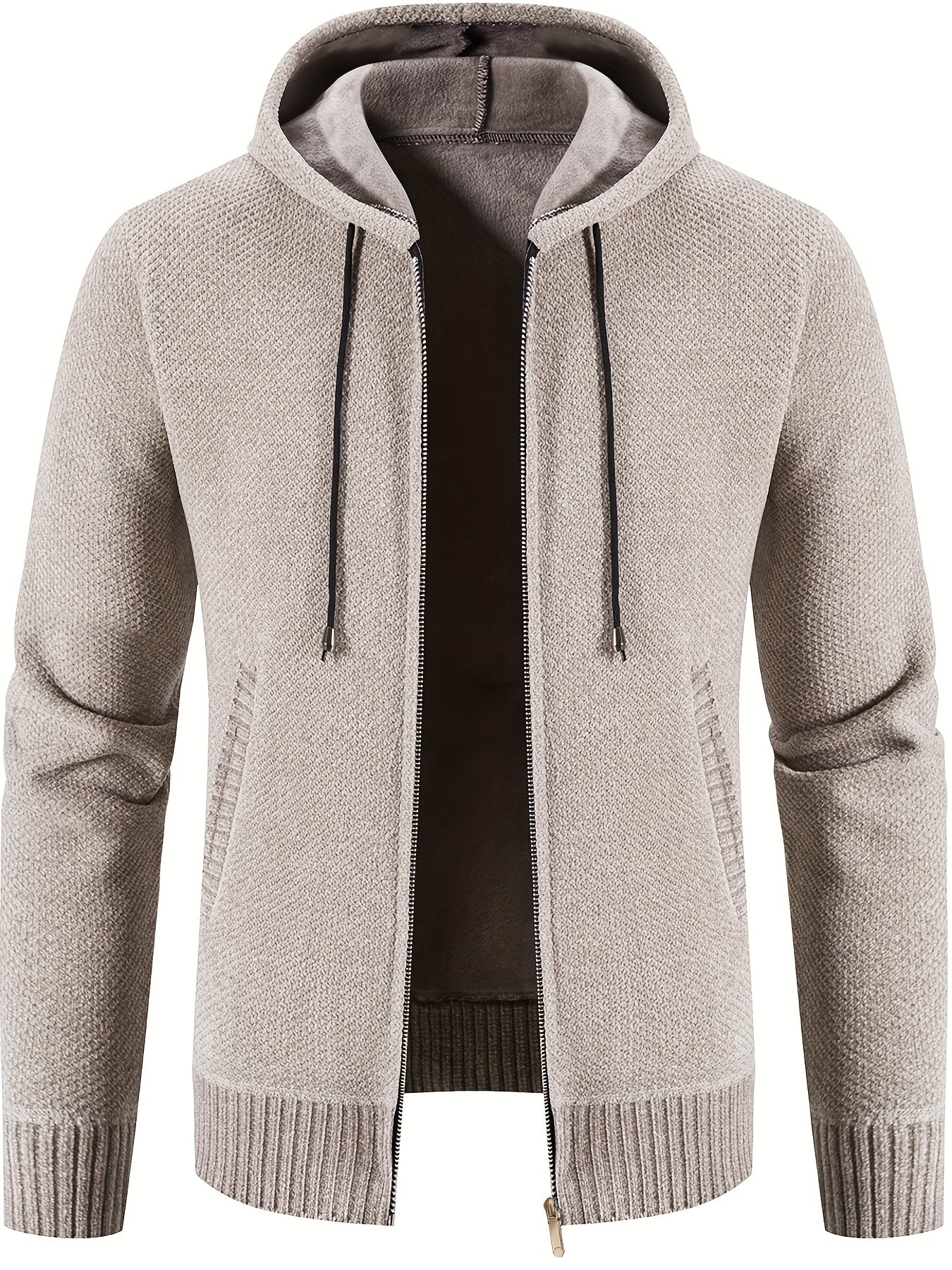 Men's Hooded Fleece Jacket Zip Up Knitted Cardigan