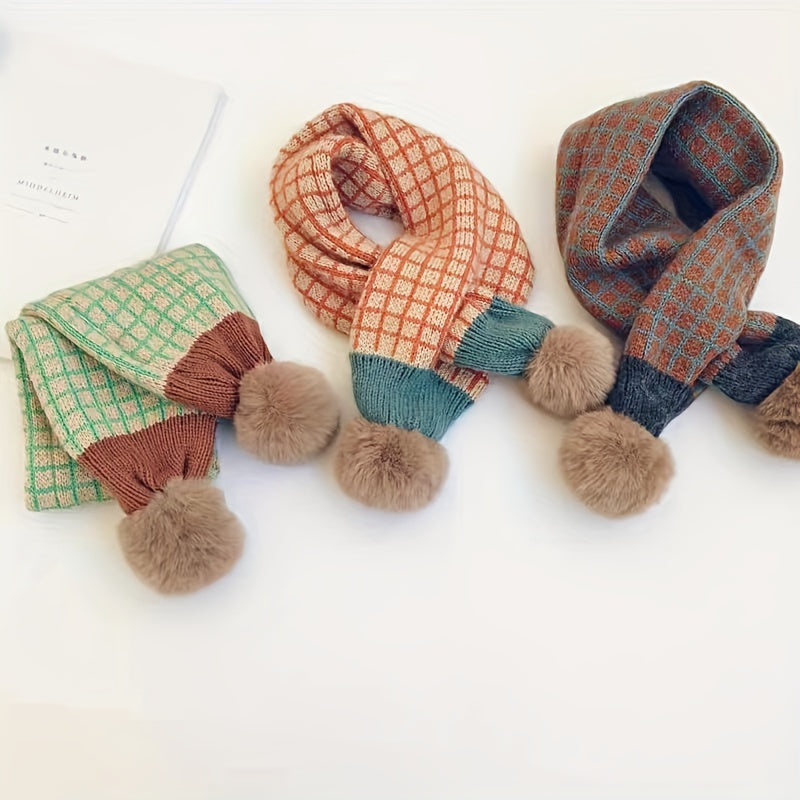 Knitted Small Plaid Hair Ball Warm Scarf 78x13in