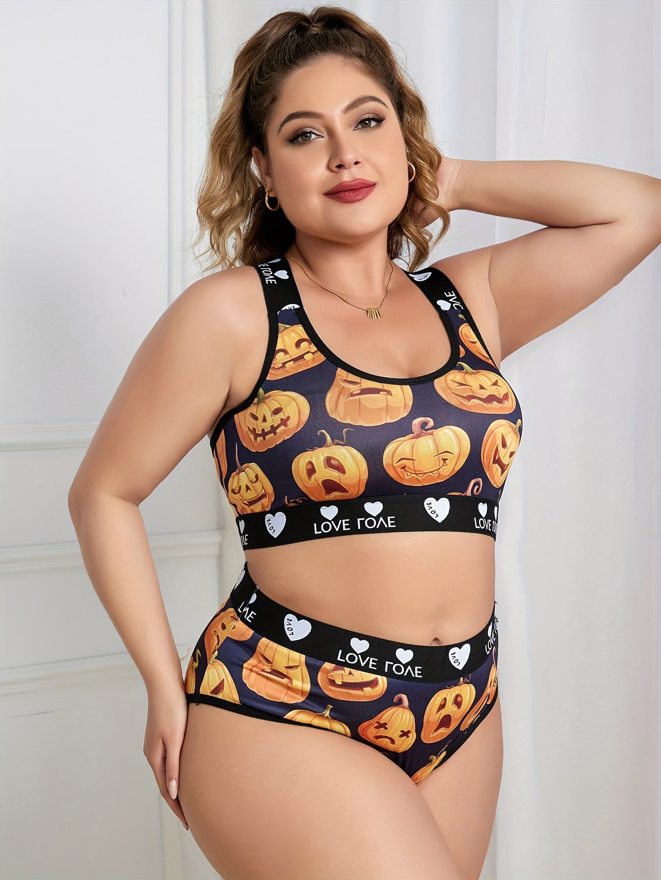 Casual Lingerie Pumpkin & Heart Pattern Set Women's Plus