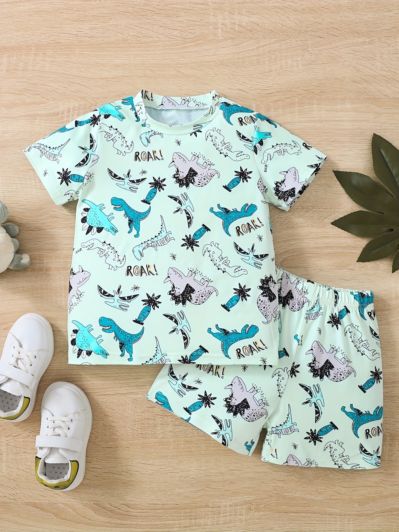 Dinosaur Full Body Print T shirt & Shorts Set Outfit For Boys Kids