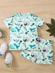 Dinosaur Full Body Print T shirt & Shorts Set Outfit For Boys Kids