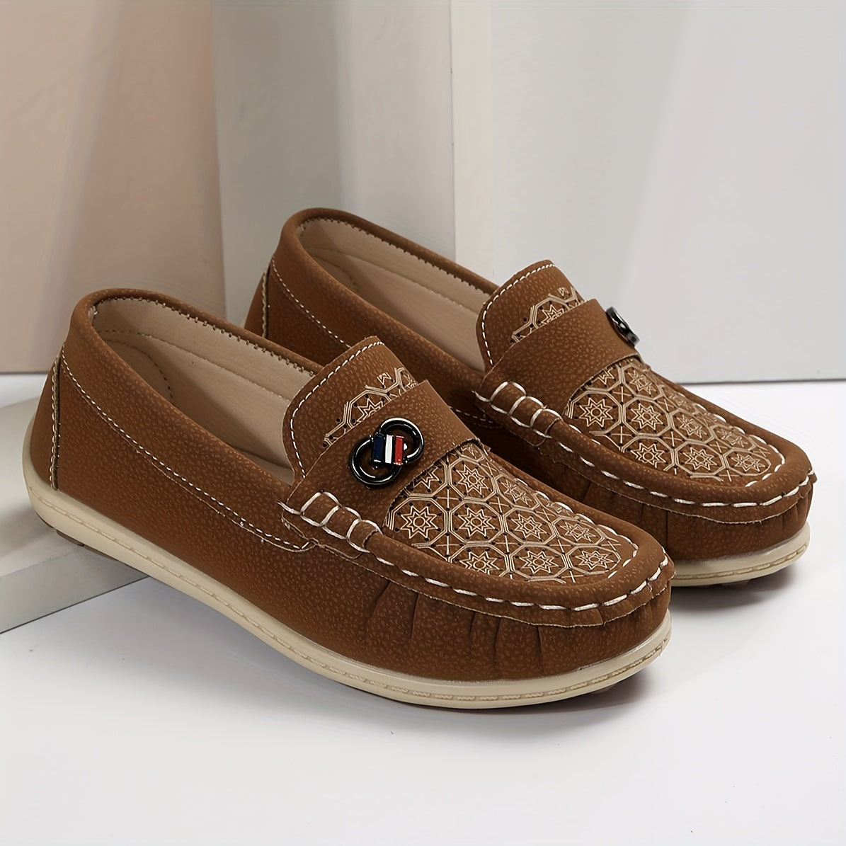 Boy's PU Leather Loafer Shoes Non Slip Vintage Slip On Preppy Style