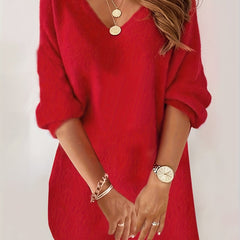 Casual Dress Women's Solid Long Sleeve V Neck Stretch Mini Dress