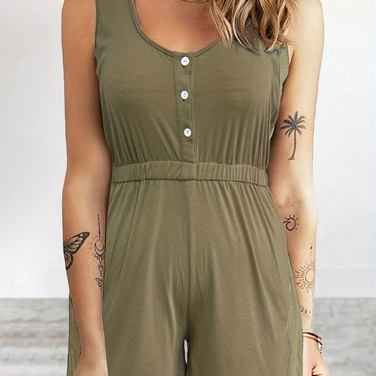 Solid Button Up Round Neck Romper