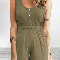 Solid Button Up Round Neck Romper