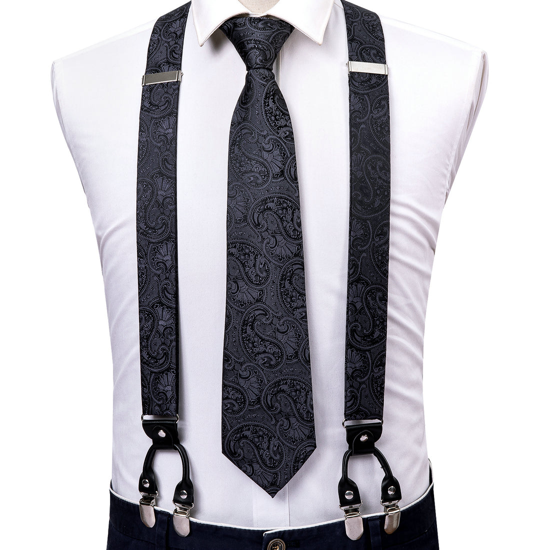 Barry Wang Mens Suspender Tie Set Y type Floral Paisley Silk Necktie Wedding