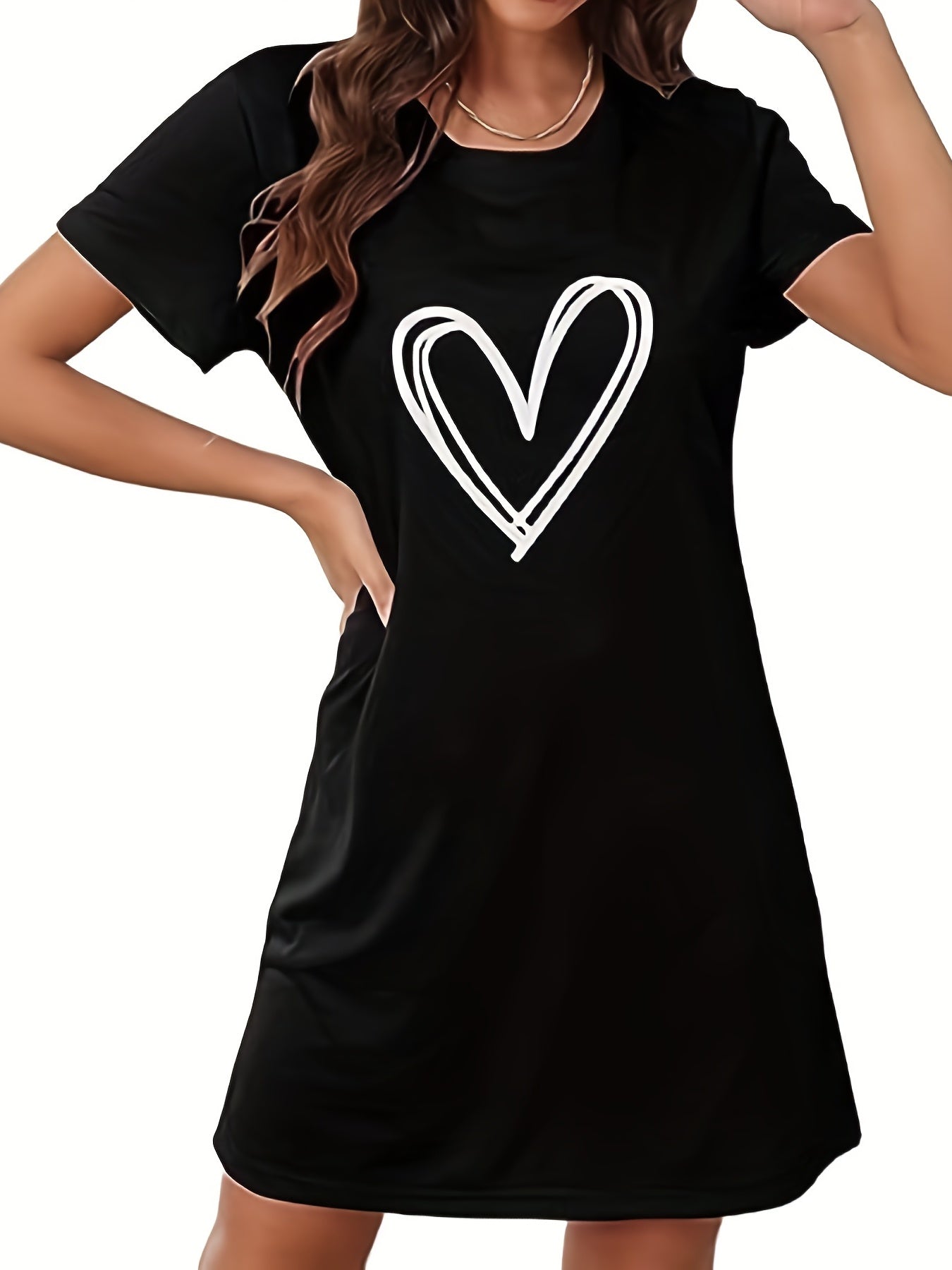 Heart Print NightDress Short Sleeve Crew Neck Pajama Dress Women's