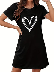 Heart Print NightDress Short Sleeve Crew Neck Pajama Dress Women's