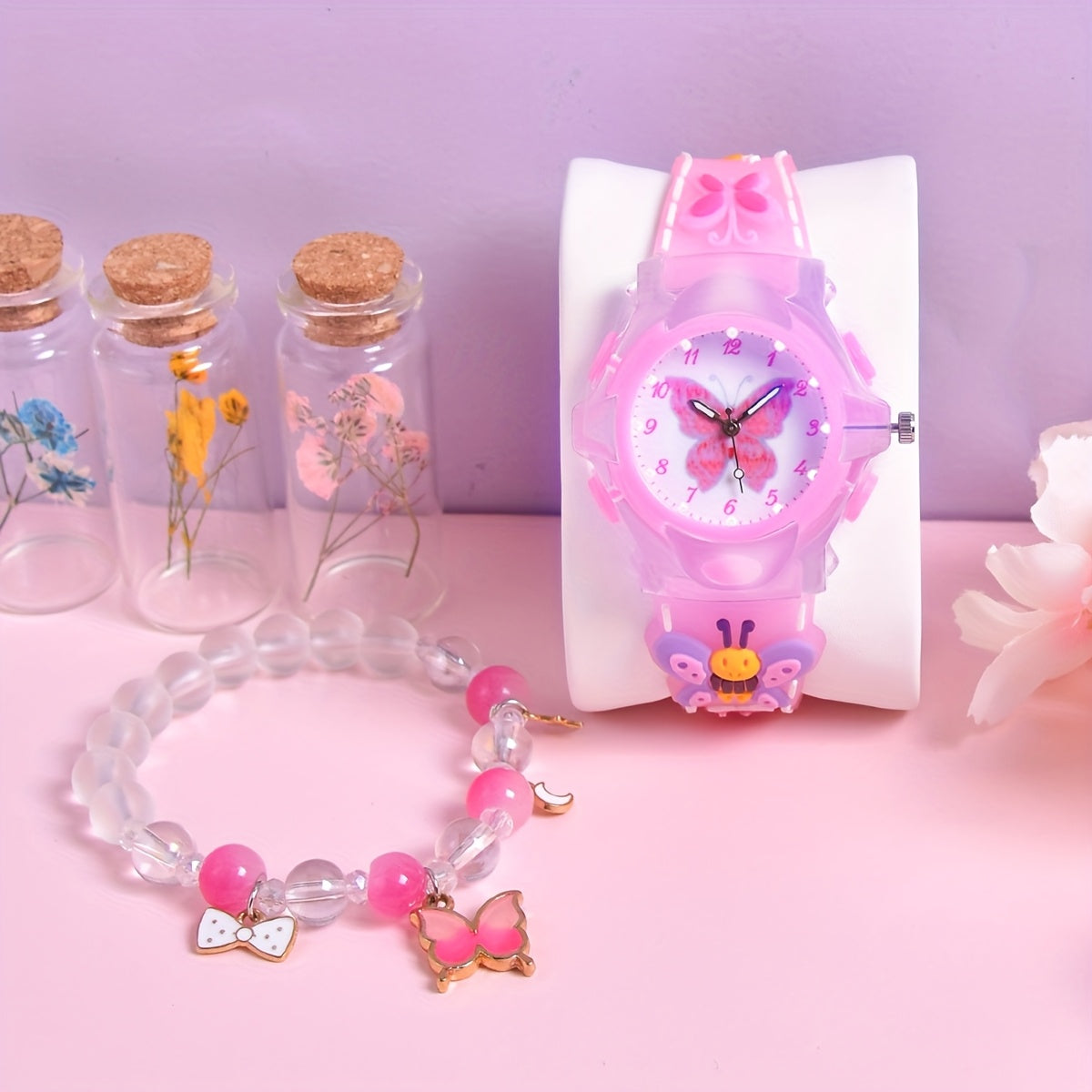 2pcs Girls' Butterfly Watch & Bracelet Set Pink Silicone Band Glow in the Dark
