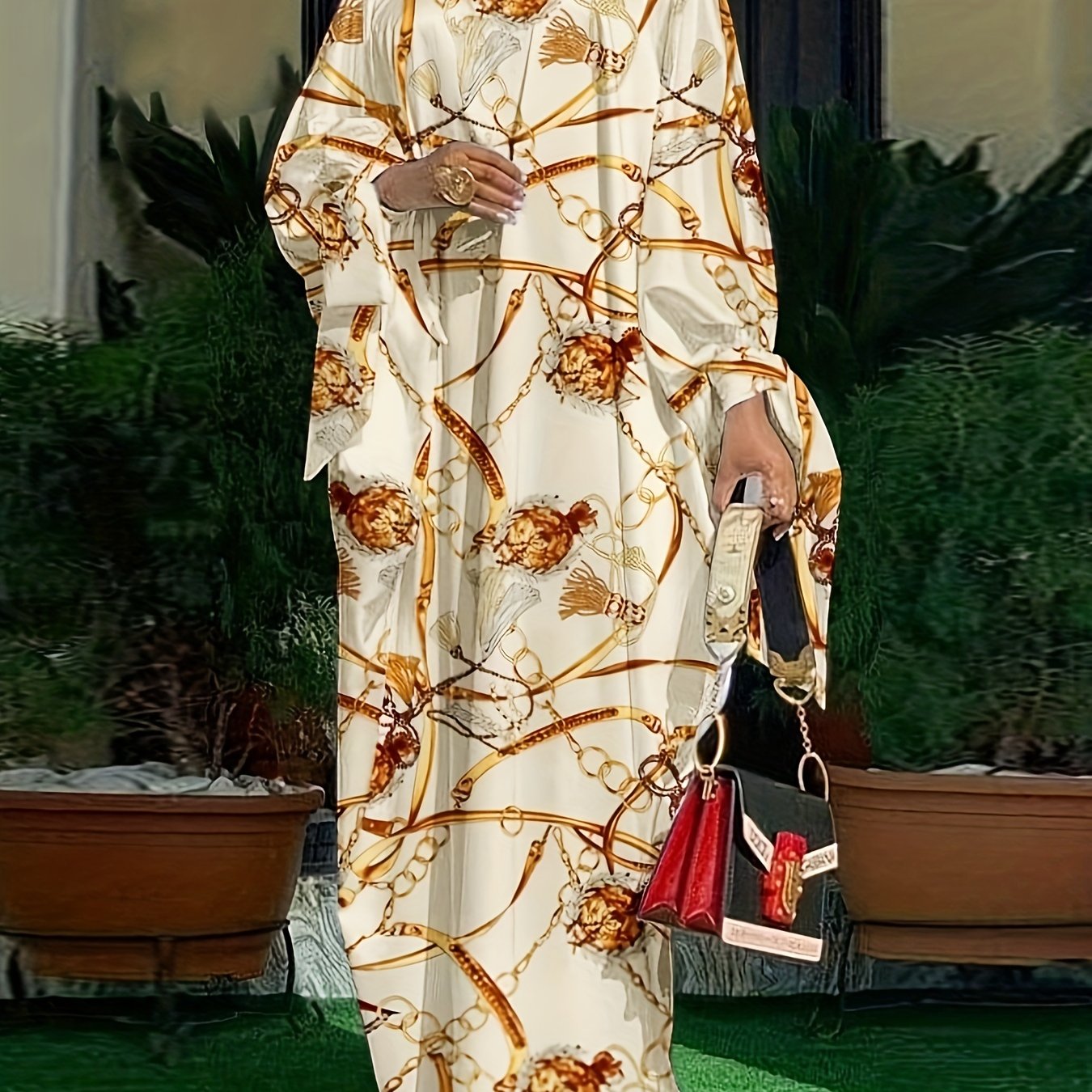 Retro Abaya Dress Women's Plus Chain Print Tie Batwing Sleeve Maxi Dre