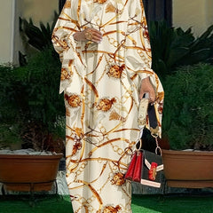 Retro Abaya Dress Women's Plus Chain Print Tie Batwing Sleeve Maxi Dre