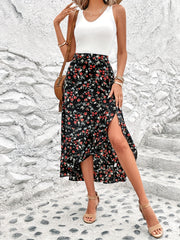 Floral Split Thigh Ruffle Trim Skirt High Waist Women's Clothing