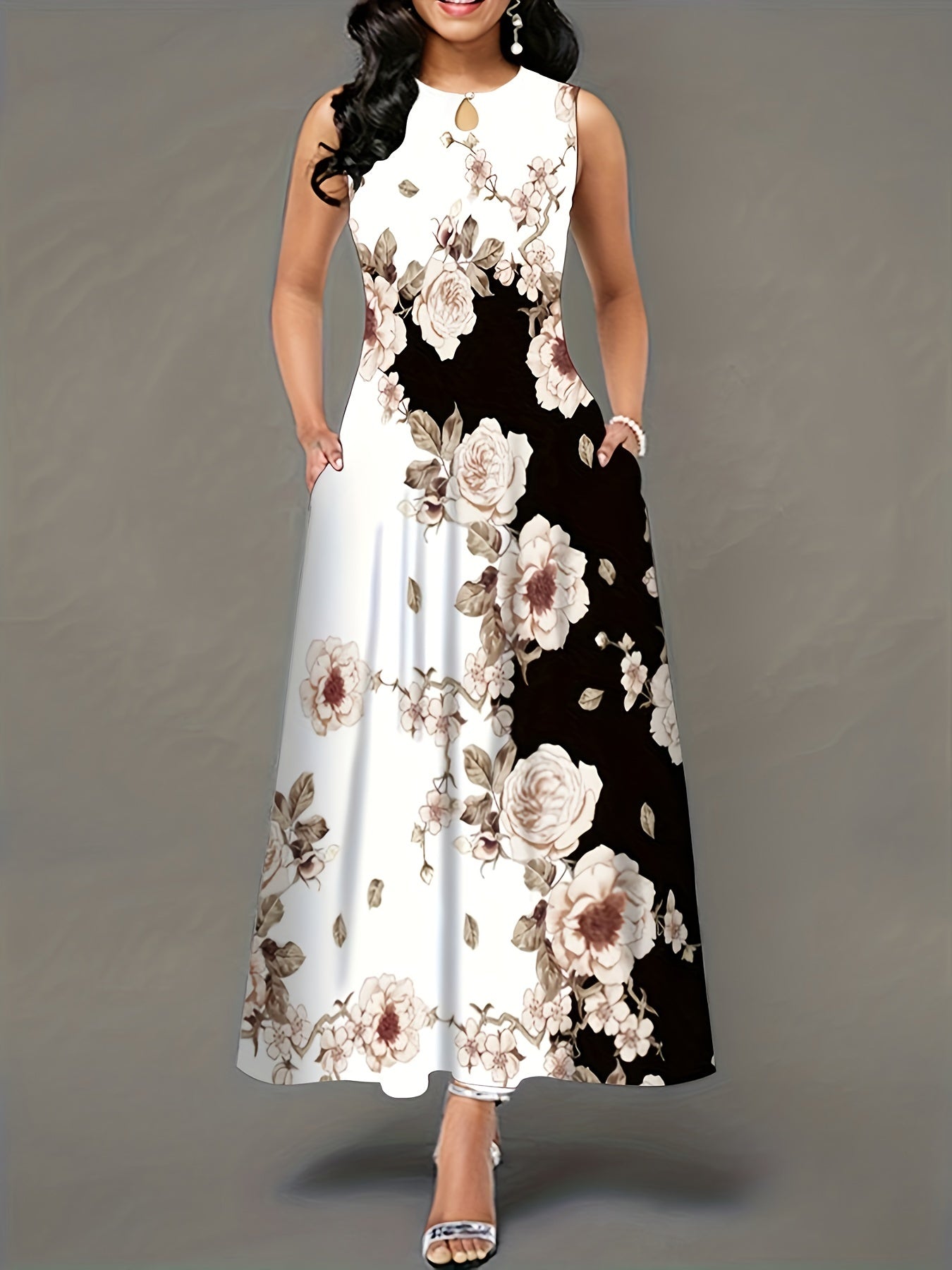 Colorblock Floral Print Maxi Tank Dress