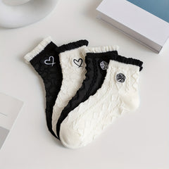 4 Pairs Textured Ruffle Socks Embroidery Short Socks