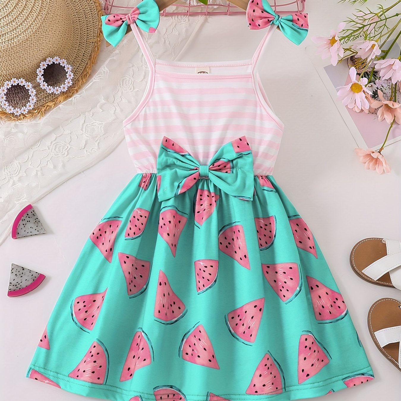 Toddler Girls Watermelon Stripes Graphic Bow Shoulder Cami Princess Dress