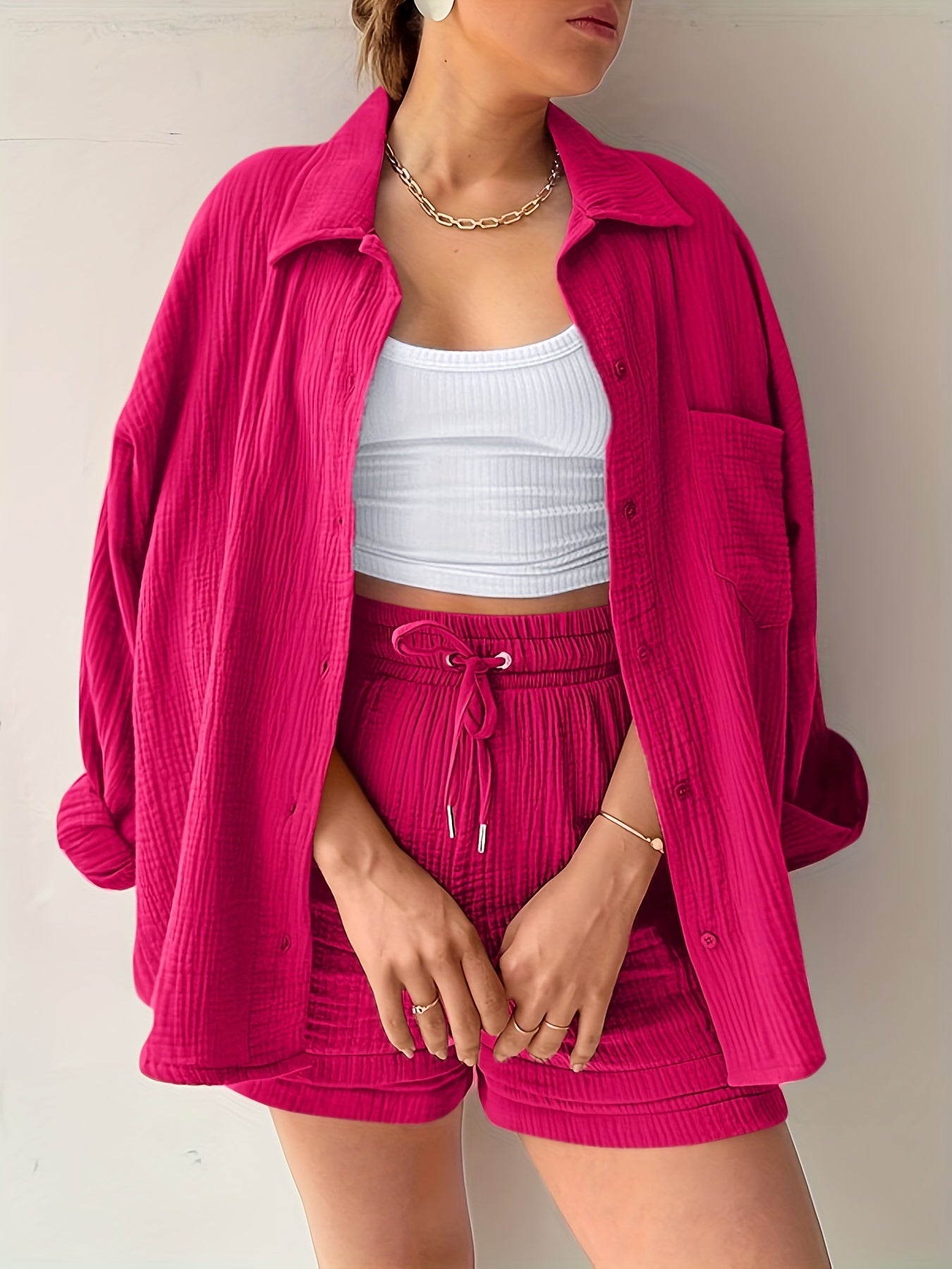 Solid Pocket Matching Set Long Sleeve Shirt & Drawstring Shorts