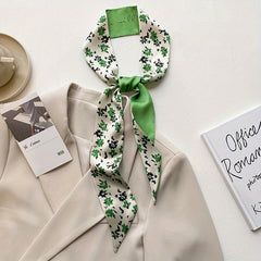 Green Floral Print Skinny Scarf Silk Ribbon Necktie Neckerchief