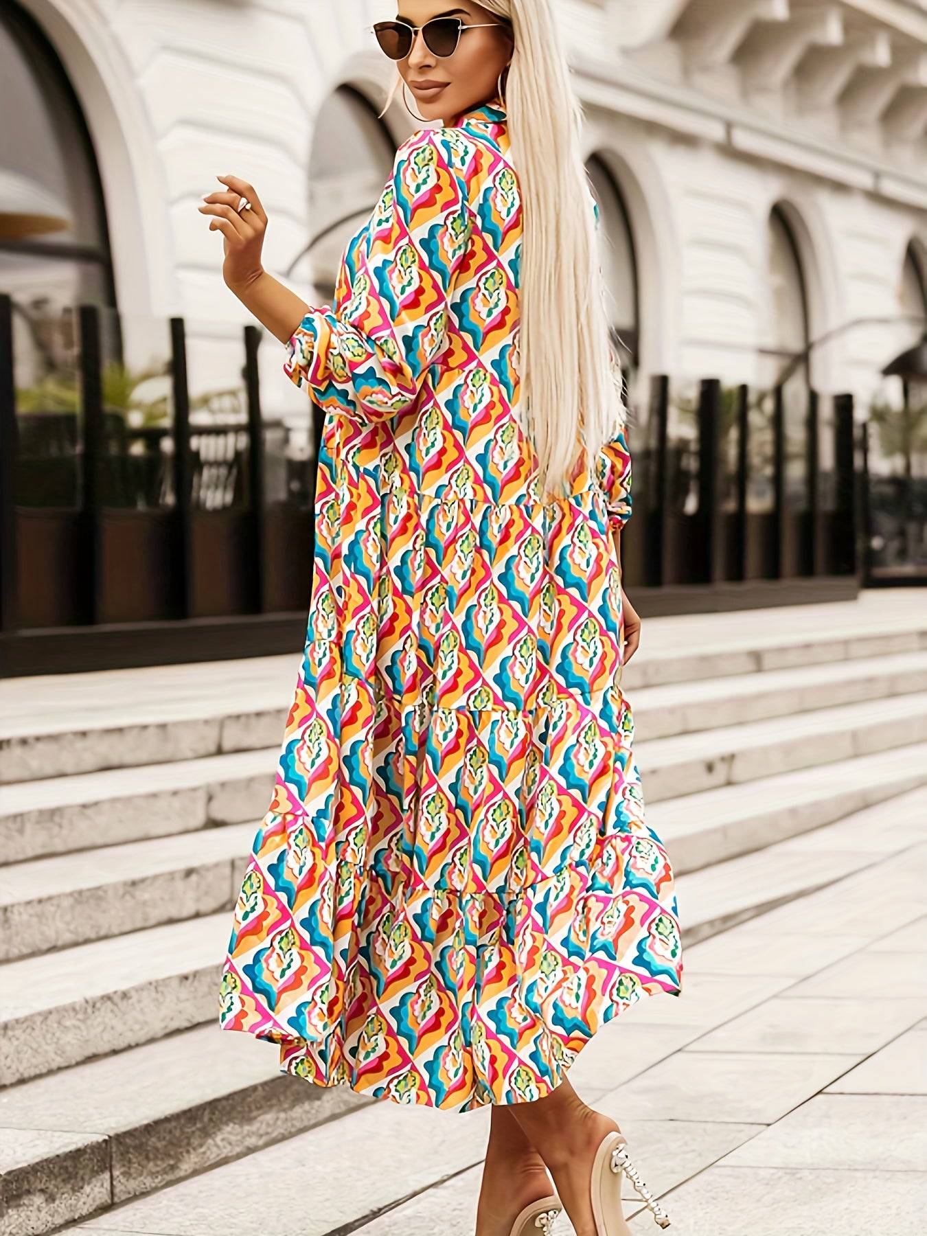 Floral Print Long Sleeve Midi Shirt Dress