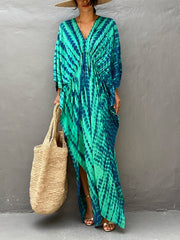 Tie Dye Cover Up Dress V Neck Loose Fit Beachwear Caftan