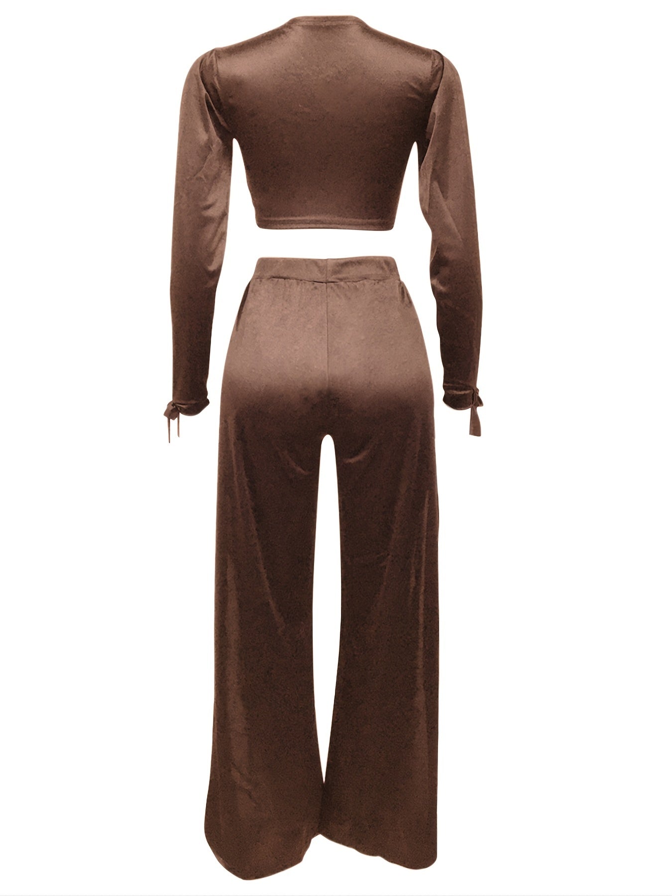 Women's Solid Two piece Set Deep V Neck Long Sleeve Crop Top & Split Pants