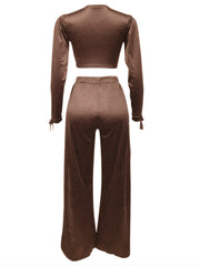 Women's Solid Two piece Set Deep V Neck Long Sleeve Crop Top & Split Pants