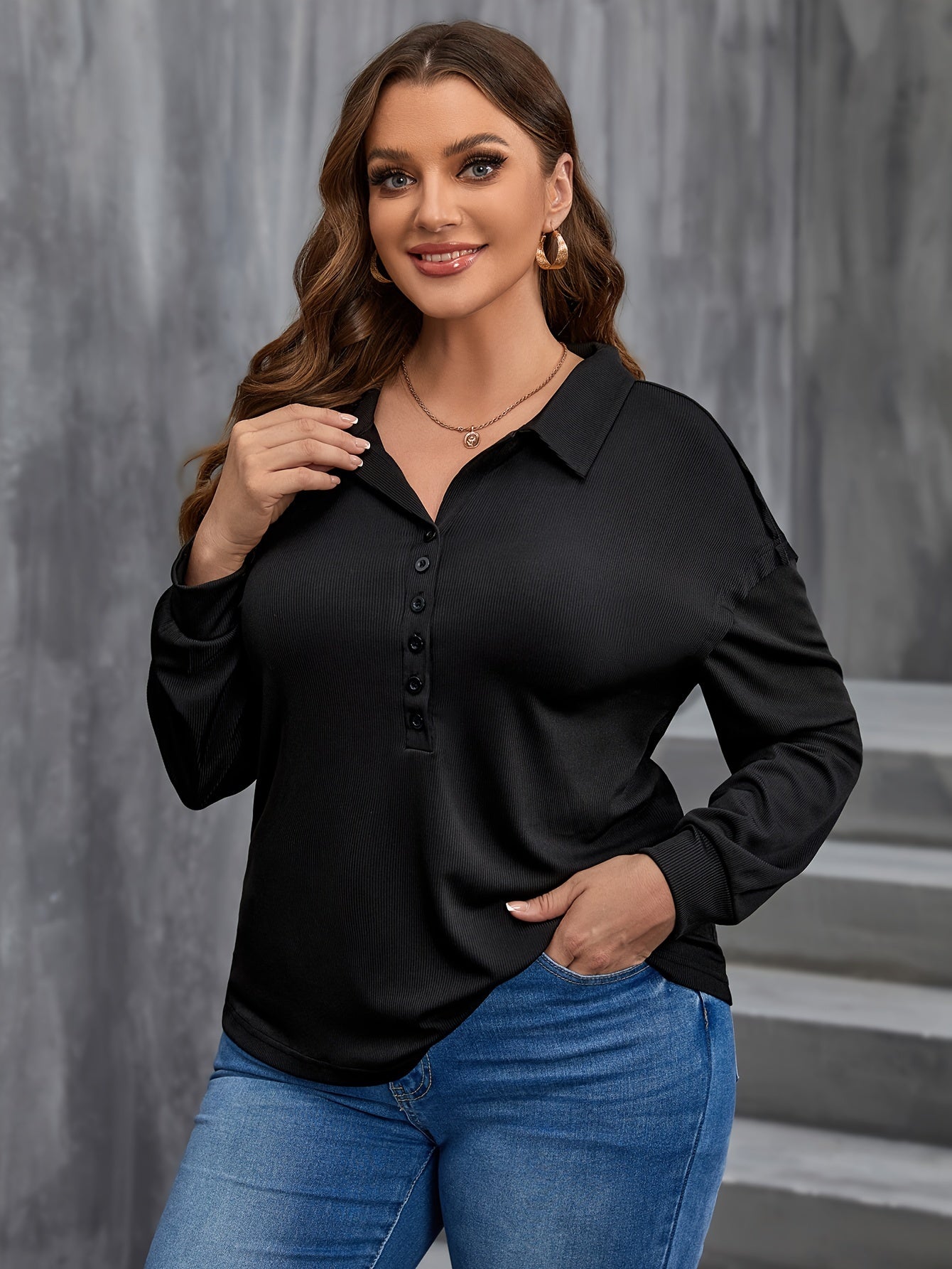 Casual Blouse Women's Plus Solid Long Sleeve Polo Neck Blouse
