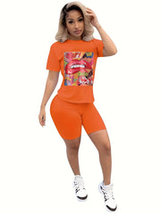 Graphic Print Short Sleeve T shirt & Bodycon Biker Shorts Set