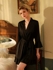 Women's Satin Ruffle Night Robe Long Sleeve V Neck Robe