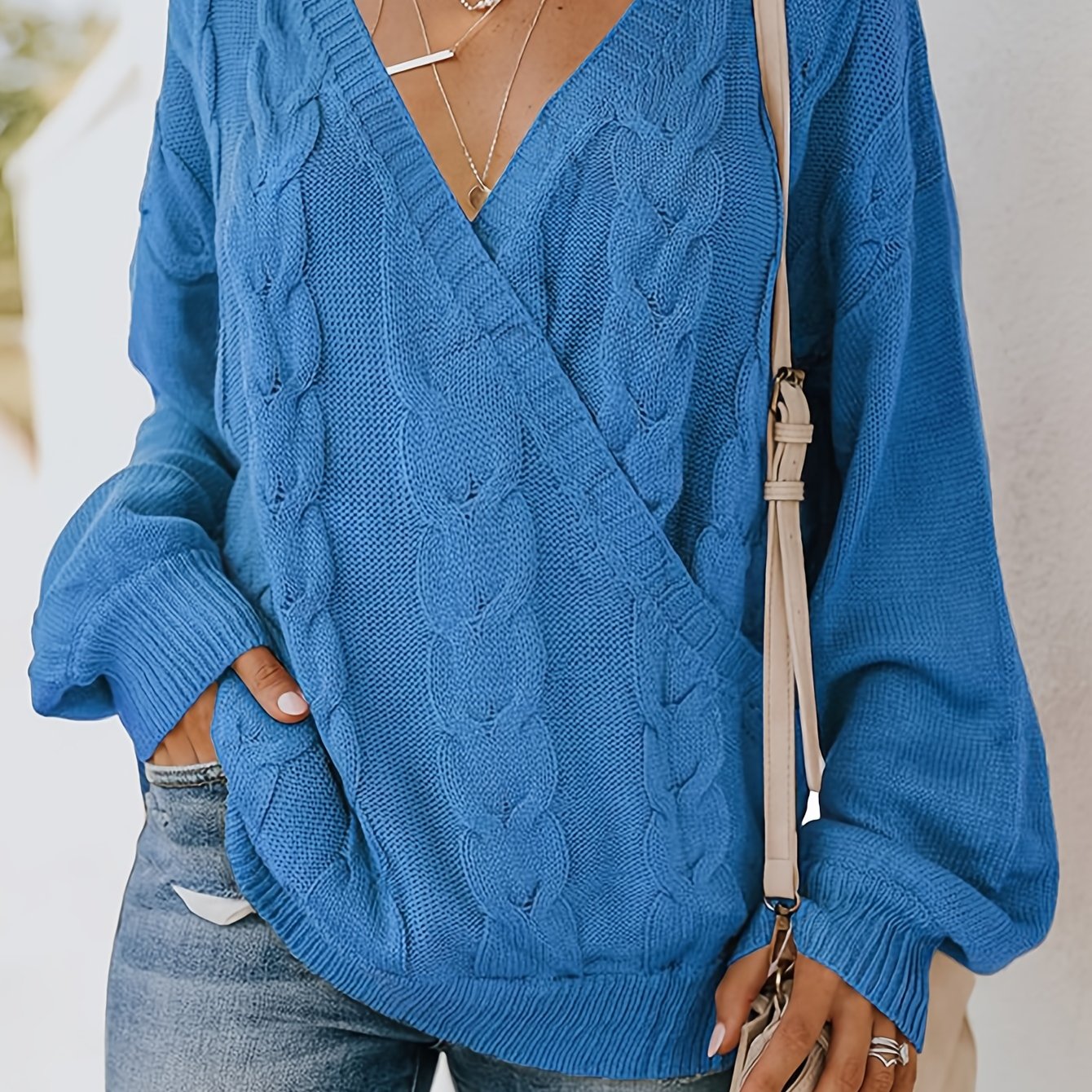 Solid Cable Lantern Sleeve Sweater