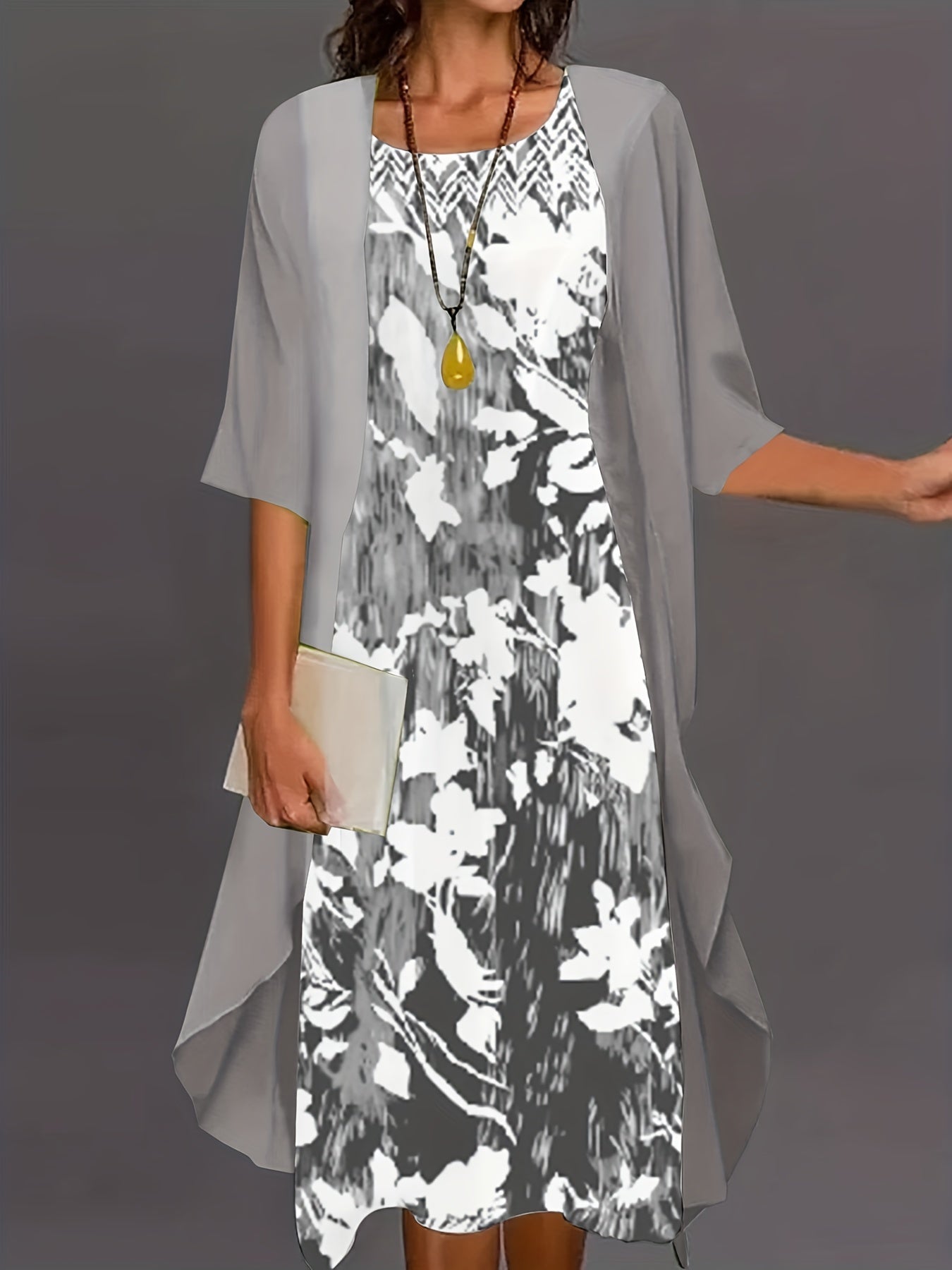 Plus Solid 3/4 Sleeve Cardigan & Floral Print Dress Outfit Set