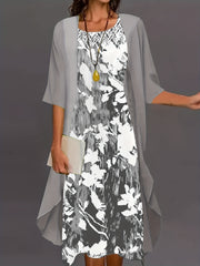 Plus Solid 3/4 Sleeve Cardigan & Floral Print Dress Outfit Set