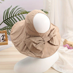 Backless Ponytail Bowknot Sun Hat Wide Brim Solid Casual Beach Hats Cotton Sunsc