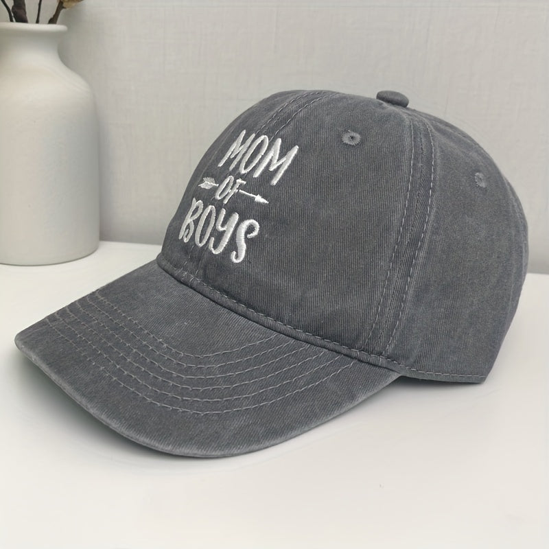 MOM OF BOYS Baseball Cap Embroidery Washed Distressed Gray Dad Hat
