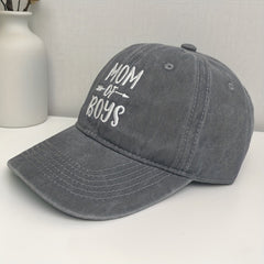 MOM OF BOYS Baseball Cap Embroidery Washed Distressed Gray Dad Hat