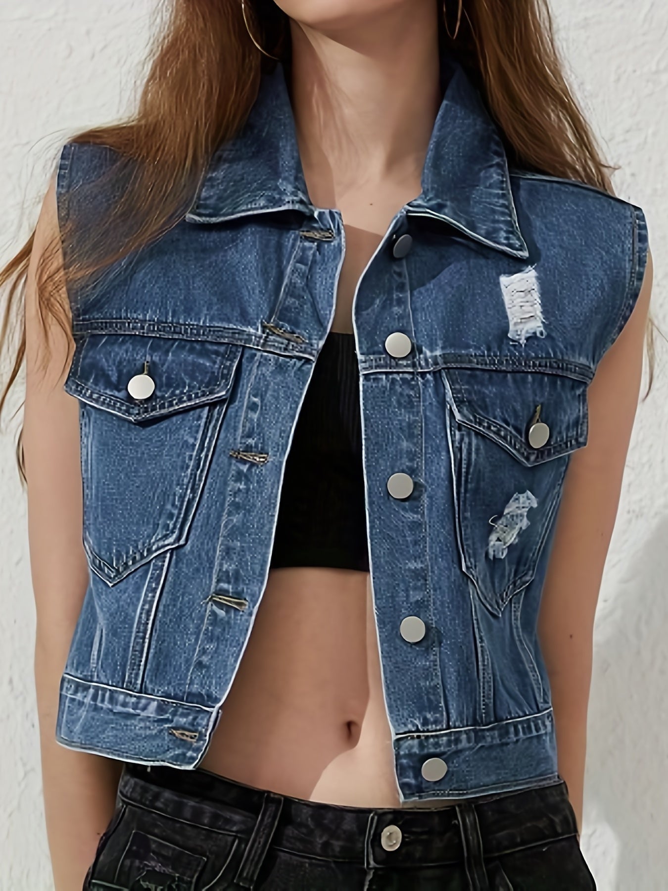 Ripped Denim Jacket Sleeveless Lapel Button
