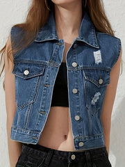 Ripped Denim Jacket Sleeveless Lapel Button